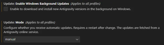 Disable Antigravity Auto-Updates Settings